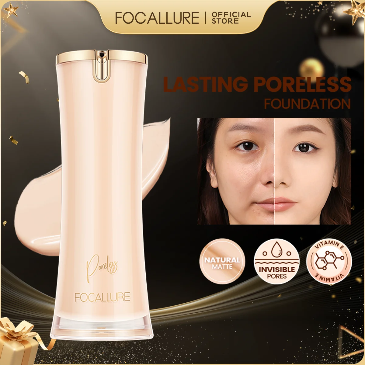 FOCALLURE Fondotinta liquido Controllo olio a lunga durata Alta copertura Correttore leggero senza pori Base per il viso Cosmetici per il trucco
