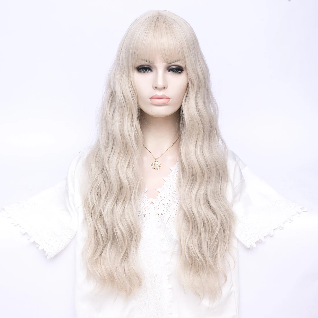 باروكة نسائية طويلة مموجة باللون البيج، شعر صناعي مقاوم للحرارة لوليتا للهالوين