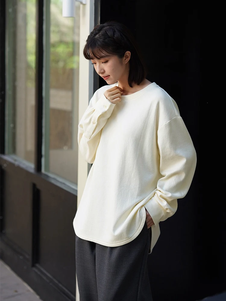 

mat Sle Wool Cotton Oversized Women's T-irt irt Sve Patchwork Loose Fit round Ne Long Sve Spring Faion