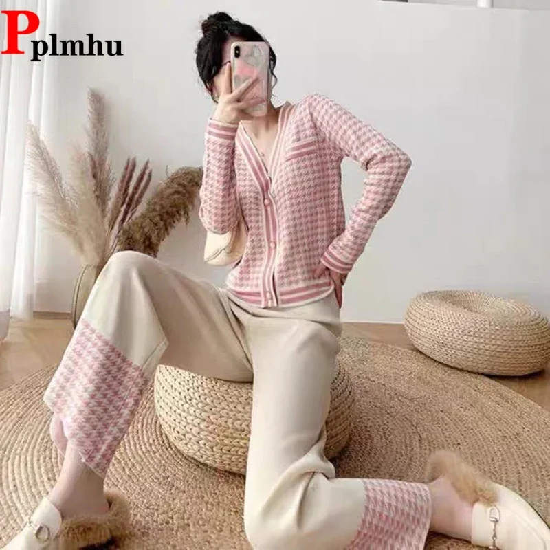 

Elegant Plaid Women Knitted 2 Piece Sets Korea High Waist Ankle Length Pants Suit Fall Winter V-neck Cardigan Coats Tops Outfit