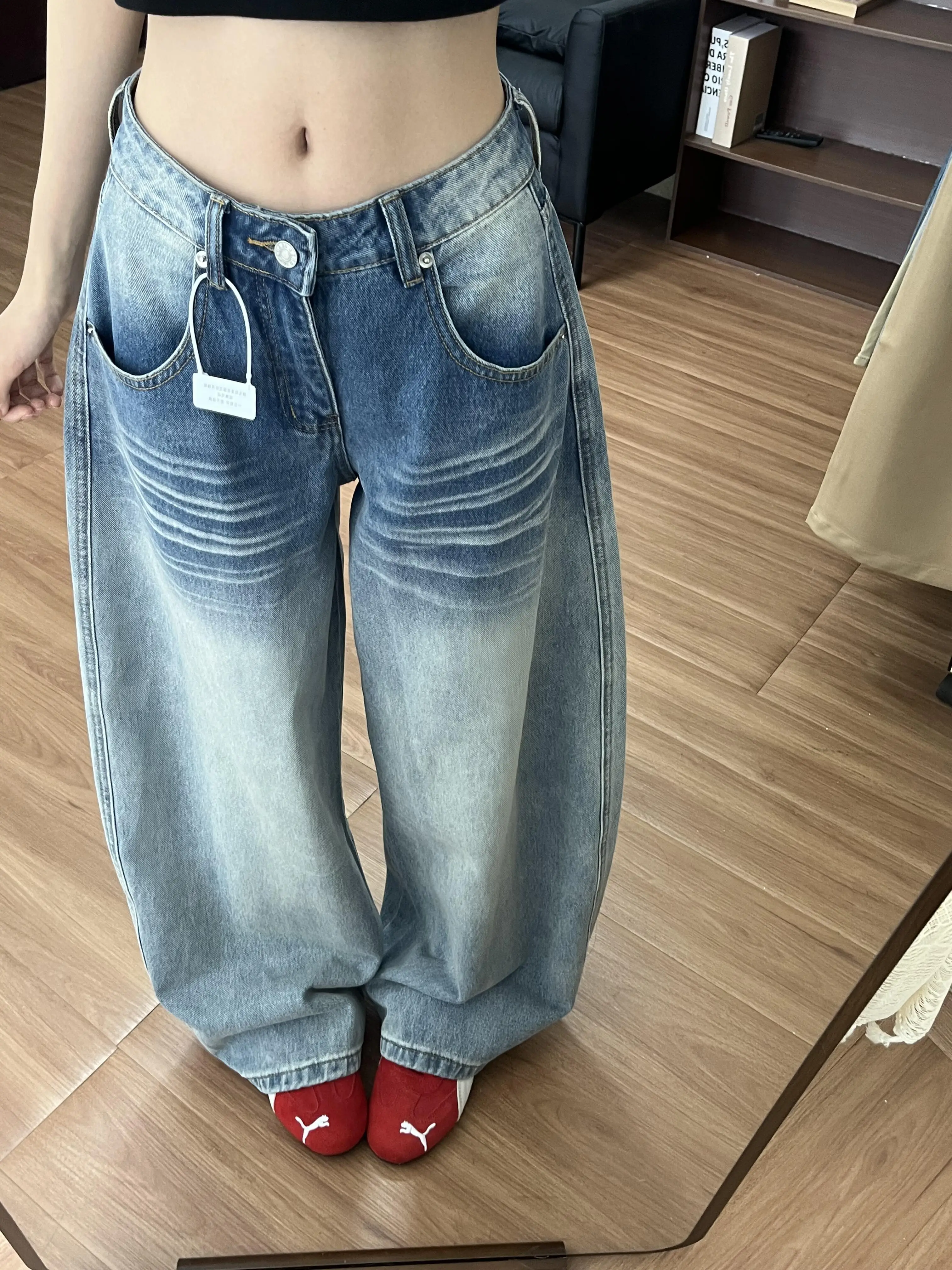 

Y2K Cat Whiskers Jeans Women Summer Light Blue Washed Wide Leg Loose Floor Length Curved Knife Pants