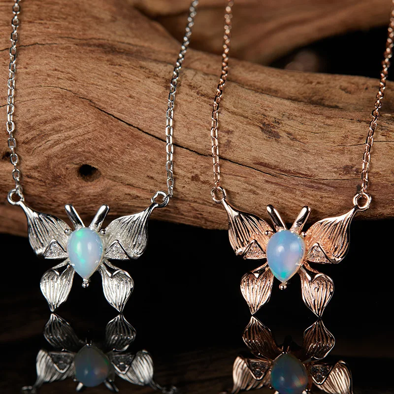 

Custom Personalized Butterfly StyleS925Sterling Silver Inlaid Natural Gemstone Opal Necklace