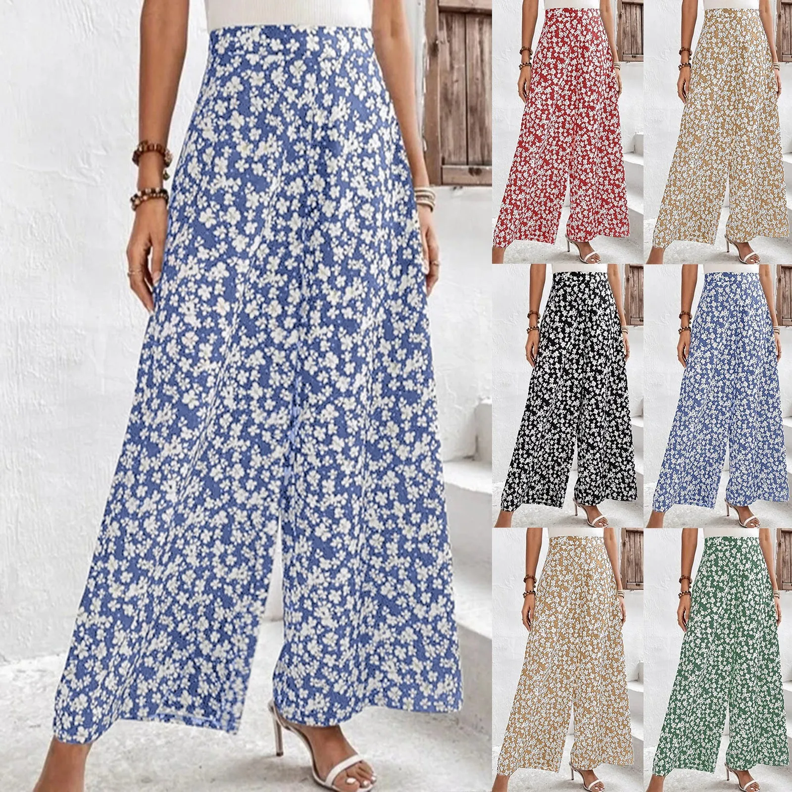 Women Summer Wide Leg Cropped Pants Fashion Small Floral Loose Casual High Waist Pants Daily Basic All-Match Comfy Flowy Pant