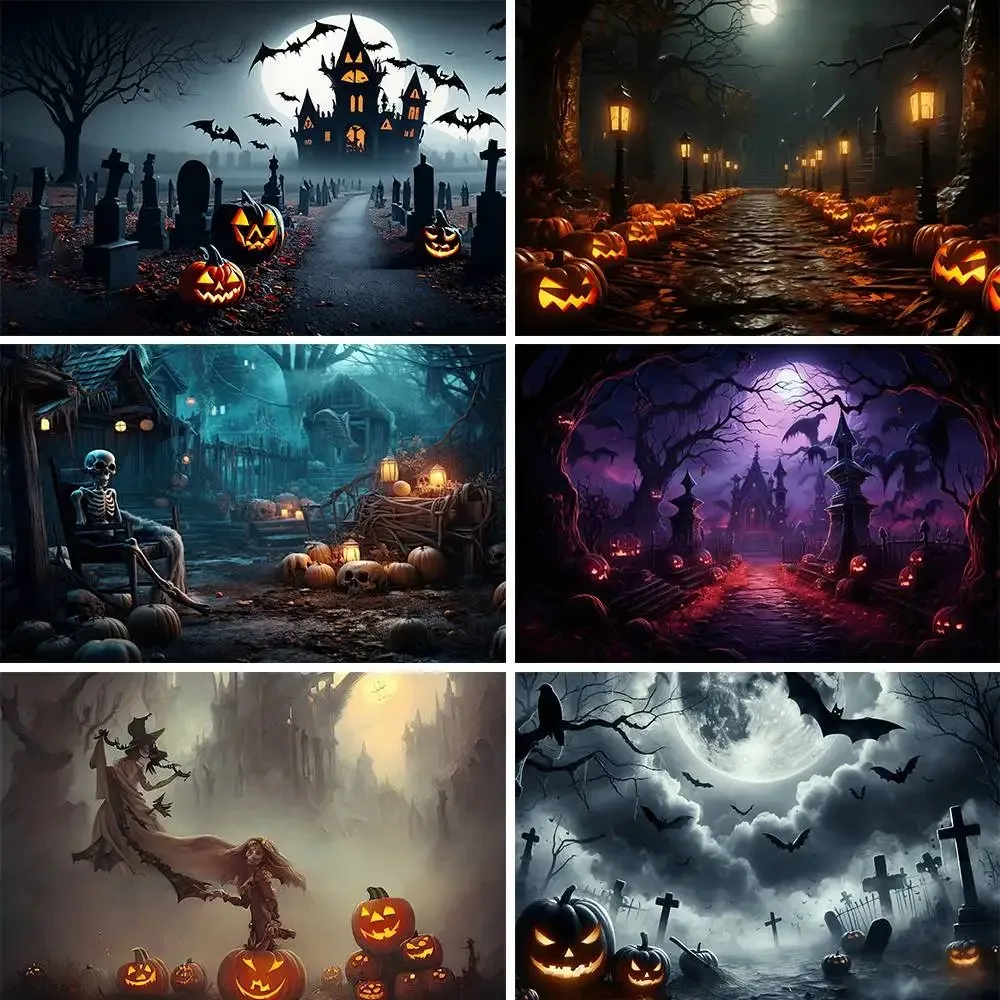 Happy Halloween Backdrop for Horror Night Moon Scary Cemetery Witch Castle Pumpkin Family Portrait Photography Background