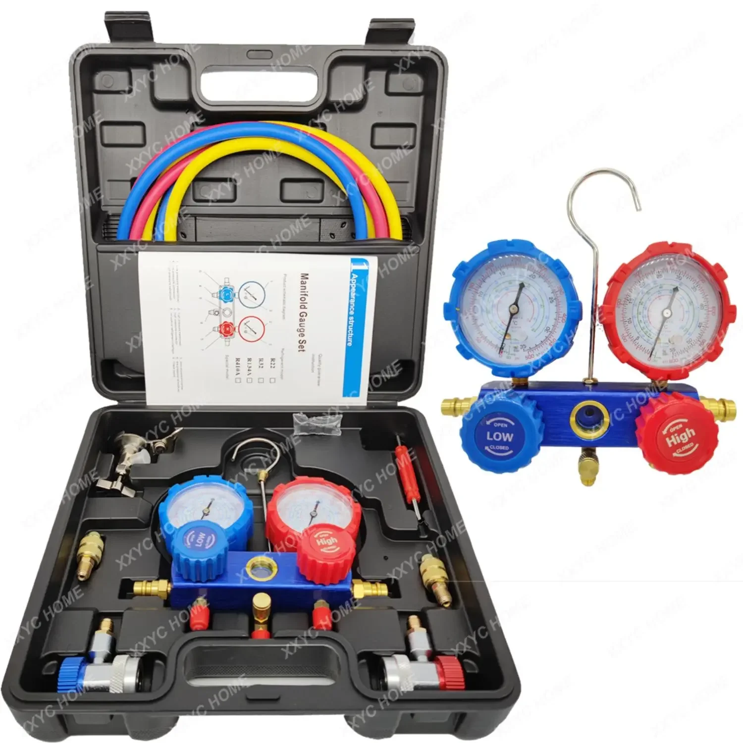 1 BOX Tool Kit Set Car Air Conditioning Pressure Manifold Gauge Hose Adapter R22 R-410A R-134a R-404A Refrigerant Pressure Gauge