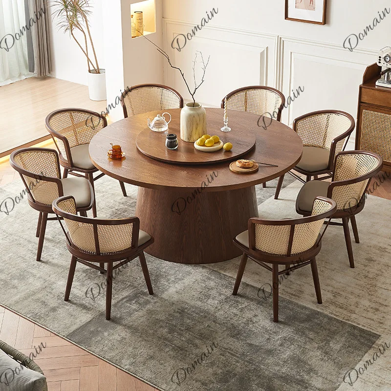 Nordic Solid Wood Round Table with Wicker Dining Chairs Set Modern Minimalist Restaurant Wabi-Sabi Style Electric Lazy Susan