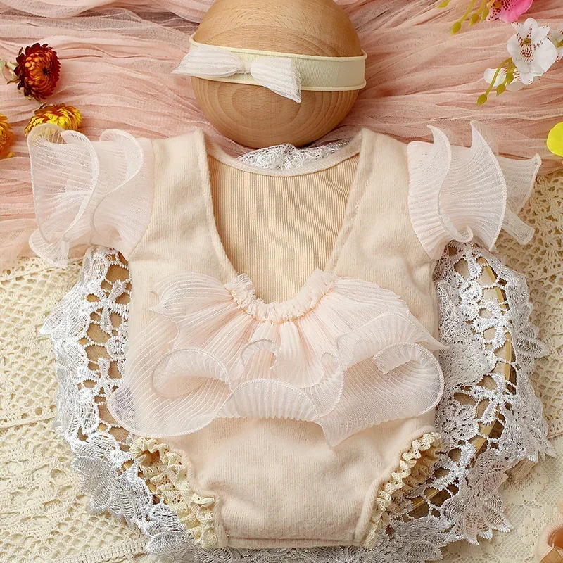 2 Pieces Set Beige Newborn Photography Costume Lace Romper Bow Headband Set Girl Photo Shooting Outfits Baby Props Photo Props