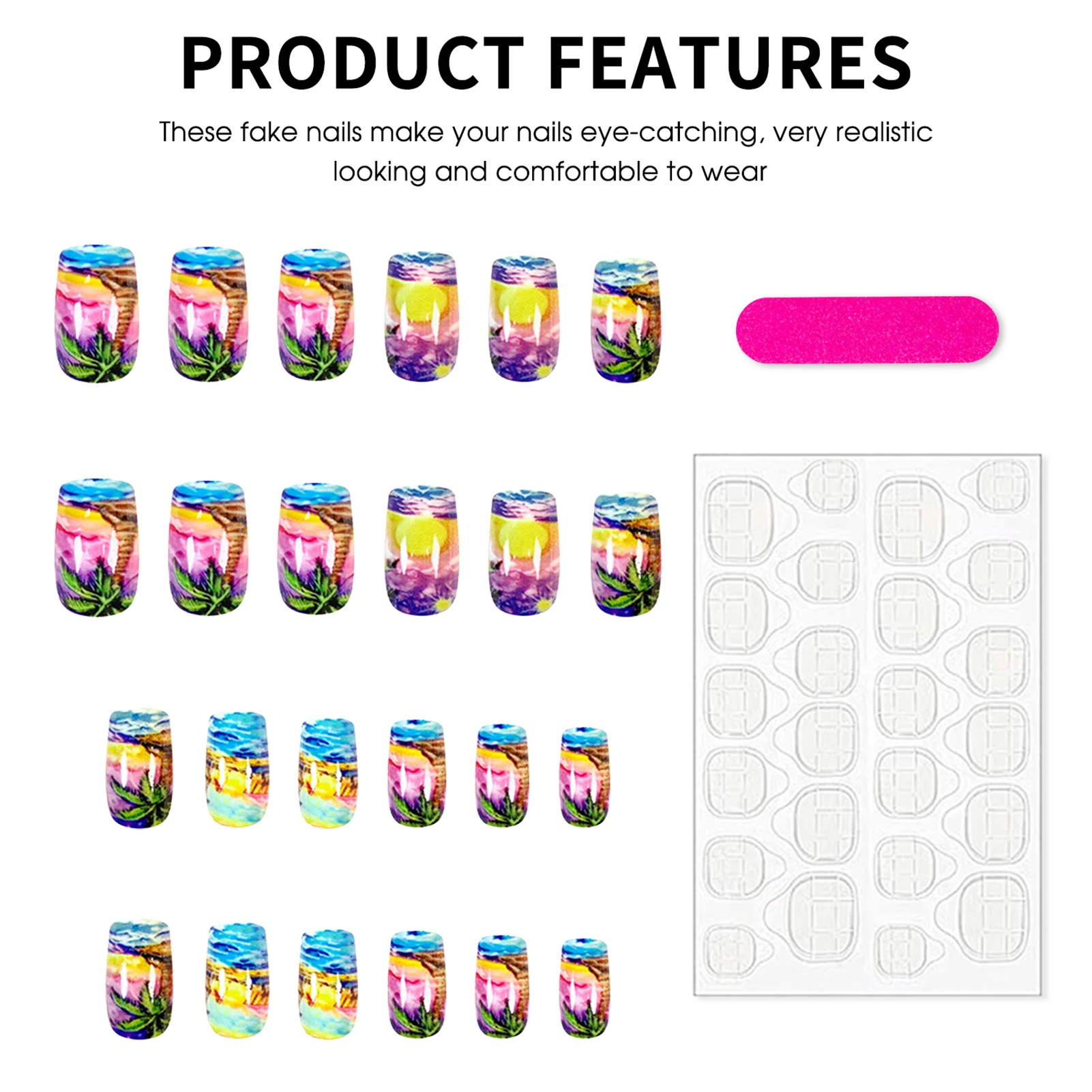 เล็บปลอมสไตล์ชายหาดฤดูร้อน 24 ชิ้น ความยาวปานกลาง ทรงเหลี่ยม กดติดเล็บ พิมพ์ลายพระอาทิตย์ตกหลากสี ปิดเต็มเล็บอะคริลิค
