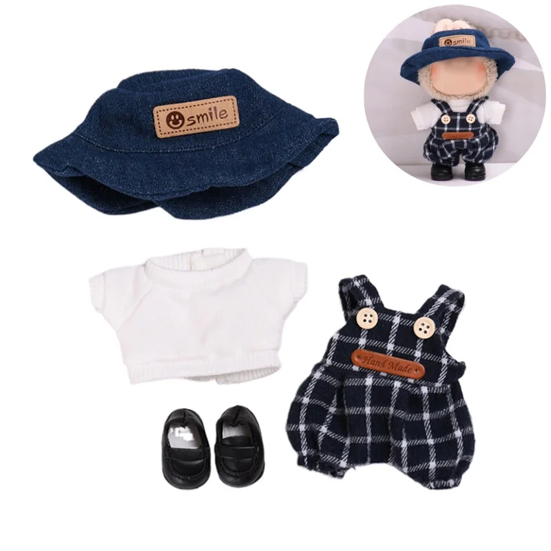 17cm Cute Mini Plush Doll'S Clothes Outfit Accessories For Korea Kpop Exo Labubu Idol Dolls Plaid Overalls Suit DIY Kid Gift