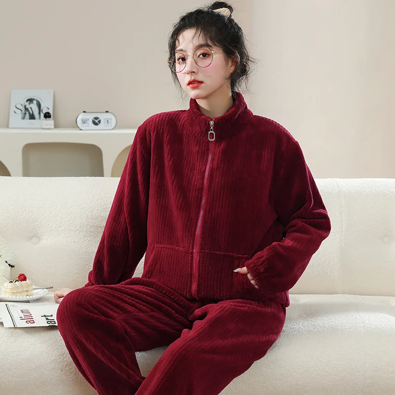 Women's Pajamas, Flannel Thickened Stand-up Collar Zipper Coral Fleece Loungewear Set for Autumn and Winter, Can Be Worn Outside