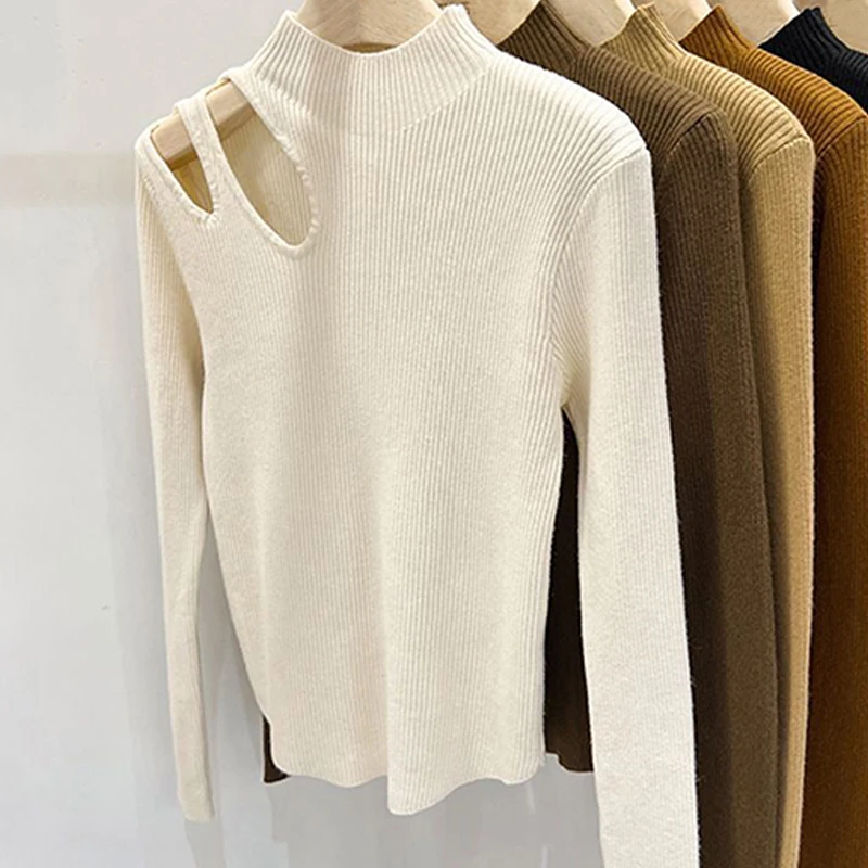 

Solid Color Knitted Half Turtleneck Tops Pullovers Hollow Out Teardrop Long Sleeves Jumper Autumn Winter Slim Bottoming Sweater