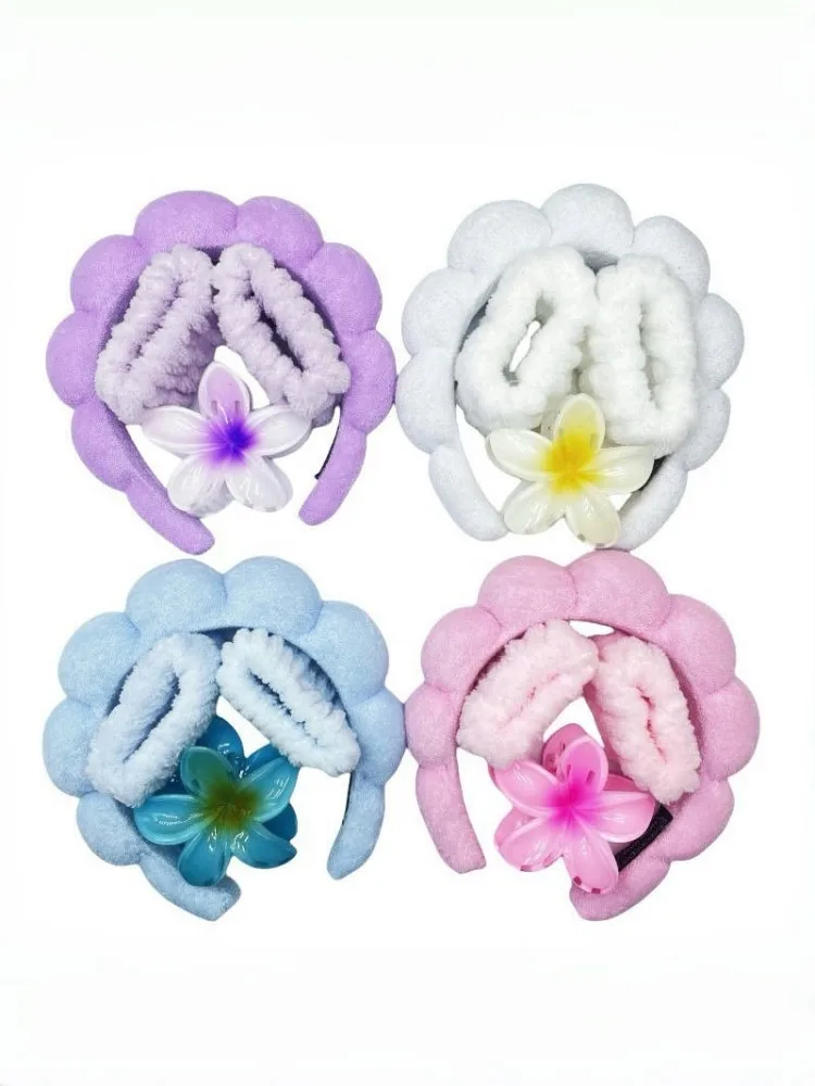 Plumeria Cloud Flanell Schwamm Gesichtswäsche Wasserdichtes Stirnband Haarnadel Set Haarschmuck für Frauen – Detail 5