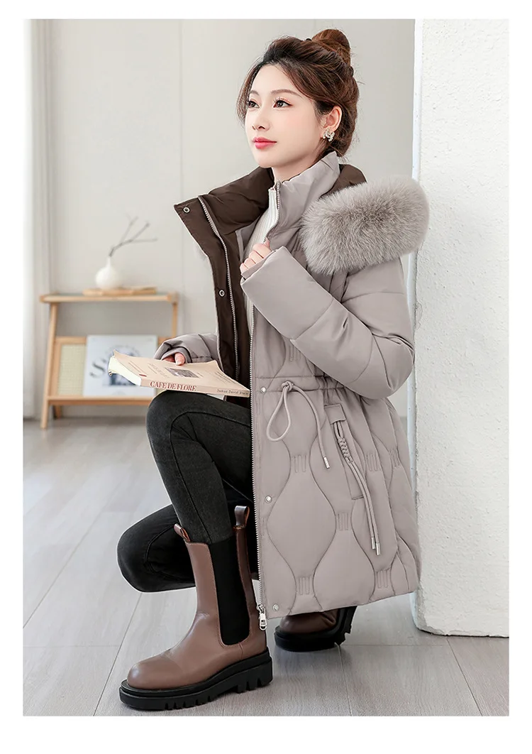 Simple Solid Color Large Fur Collar Hooded Removable Long-sleeved Down Cotton Jacket Women's 2025 Winter Thickened Warm Jacket
