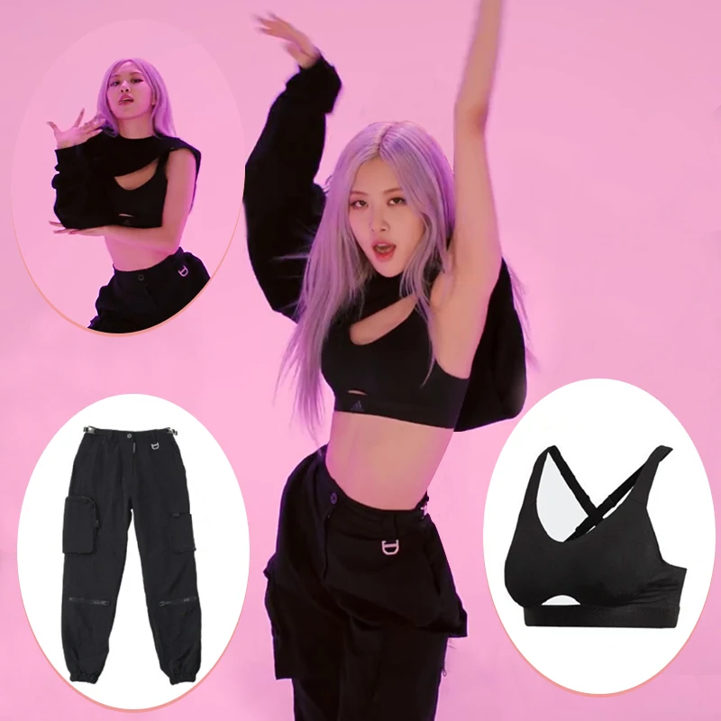 ROSE Kpop Black Sexy Slim Vest Tops One Shoulder Hoodies Jazz Dancer Outfit Women Girl Group Hip-Hop Cargo Pants Stage Costume