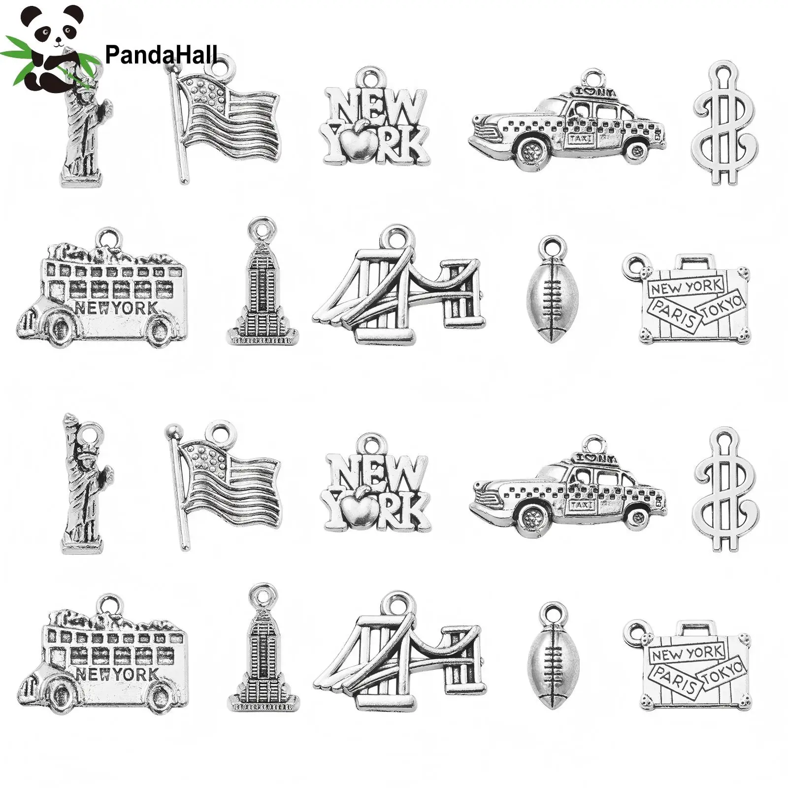 PandaHall 100Pcs 10 Styles America New York Theme Travel Charms Statue of Liberty Flag Suitcase Charms for Jewelry DIY Making