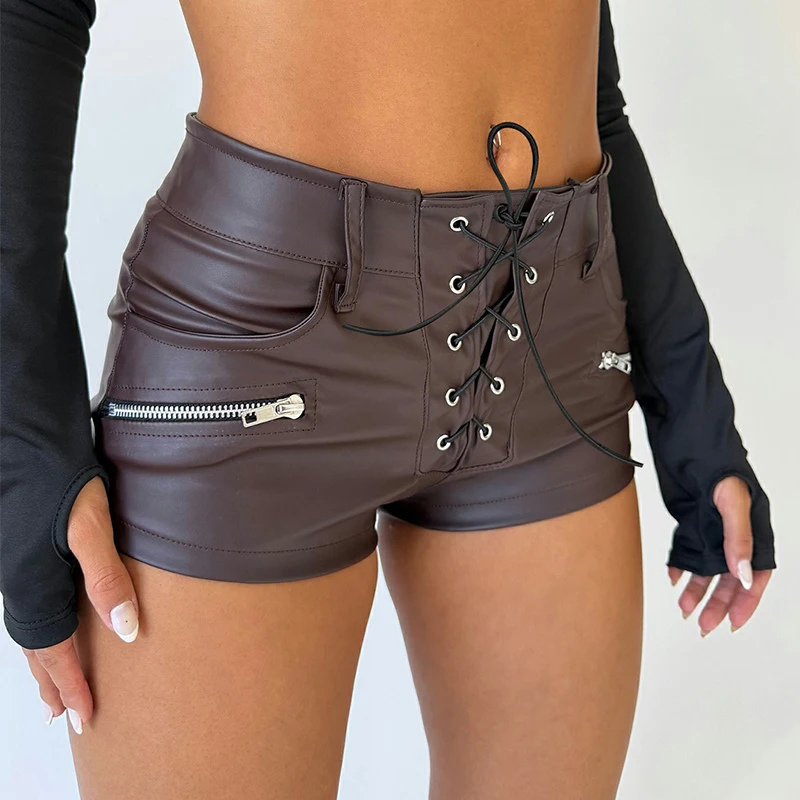 

Safari Style Solid Bandage Pu Leather Shorts Sexy Slim Pocket Low-Waisted Shorts Women 2025 Summer Fashion Streetwear Punk Style