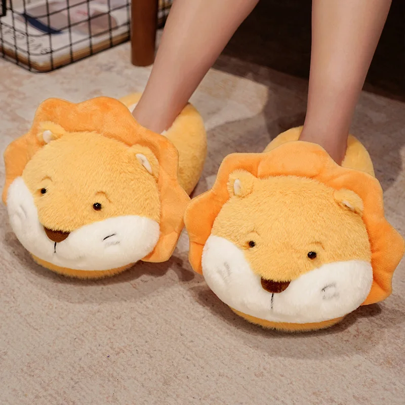 Kawaii cartoon lion stuffed animal warm home cotton slippers cute couple style lion non slip sole winter nest shoes