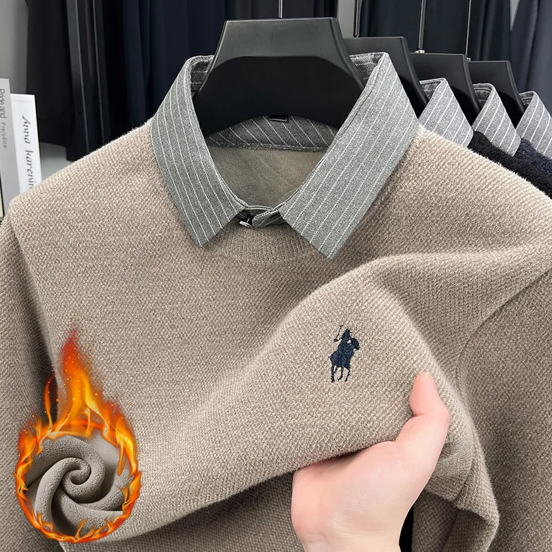 

Thickened One-Piece Fleece Men's Sweater New Shirt Collar Fake Two-Piece Winter Warm Long Sleeve Knitted Base Shirt