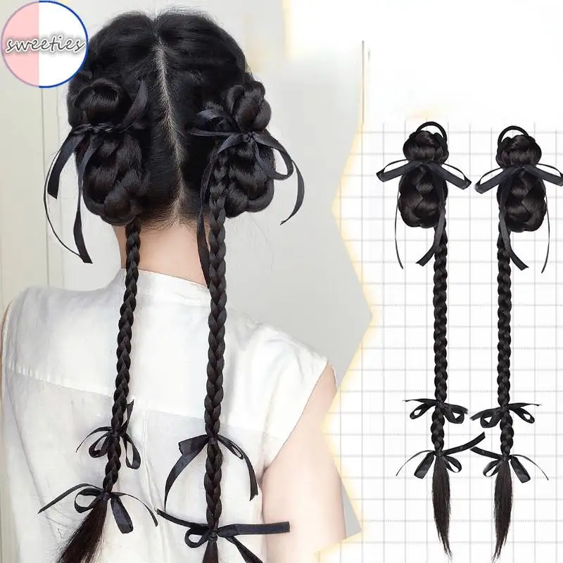 

2PC Ballet Style Simulation ribbon bowknot Twists Braid Ponytail Wig Coiled Hair horsetail wigs Hair Extension