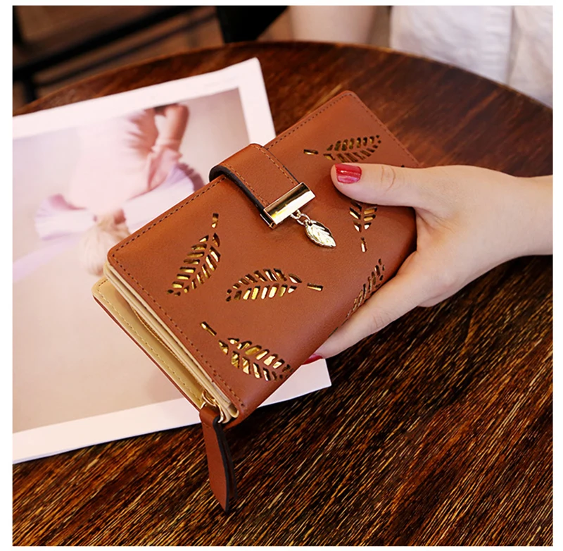Damen-Geldbörse aus PU-Leder, lange Geldbörse mit goldenem Hohlblattmuster, Clutch-Geldbörse, multifunktionaler Kartenhalter, Münzfach für Damen – Detail 11