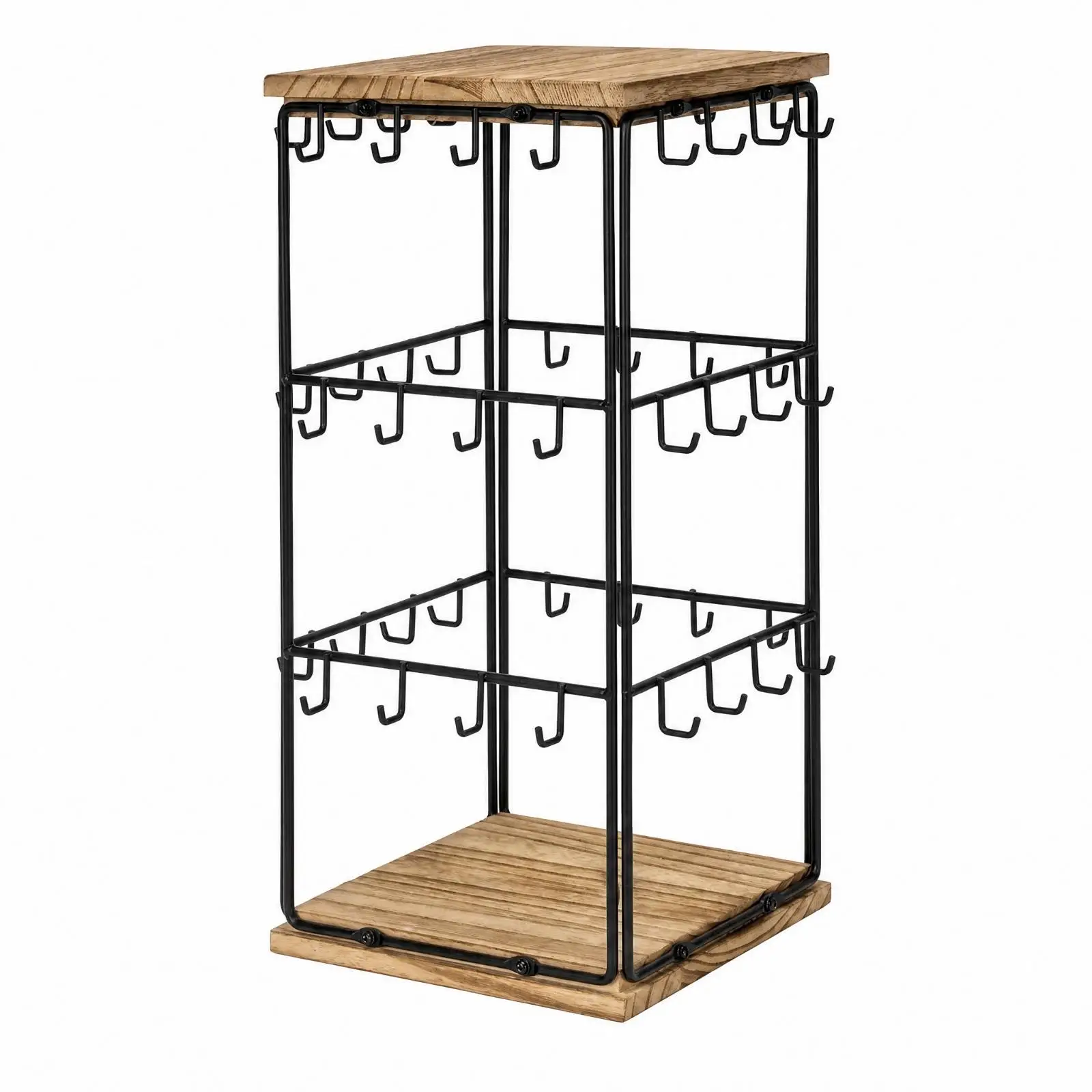 Functional Jewelry Display Rack Metal Frame Wood Top Rotating Organizer for Small Accessories on Flat Surface