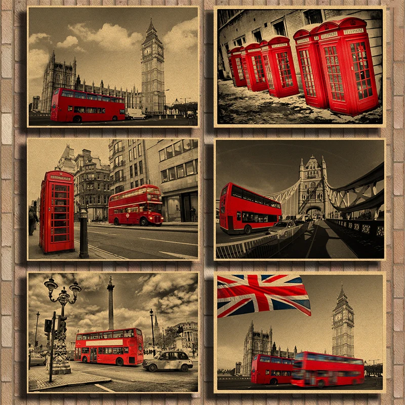 

Vintage Poster London Street Red Telephone Booth Wall Pictures Living Room Home Decorative Painting Wallpaper Wall