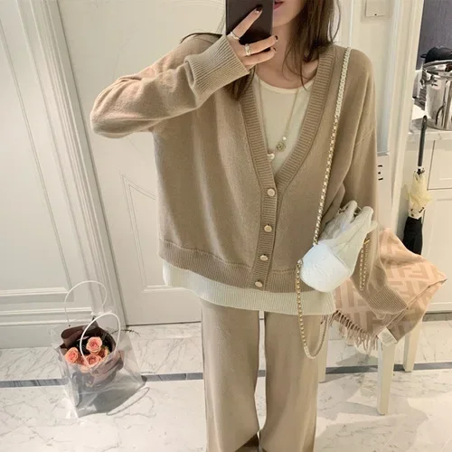 Women Tracksuit Two Pieces Set Long Sleeve Single Breasted Button Cardigan Sweaters Pockets Wide Leg Pants Knitting Solid