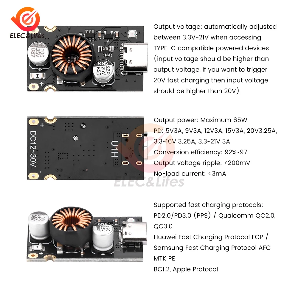 PD65W Fast Charging Module Type-C USB DC-DC Buck Converter Module Supports PD2.0/3.0 QC2.0/3.0 PPS FCP AFC DC8-30V to 5V 9V 12V