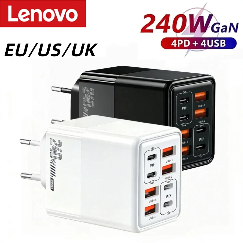 Image of Lenovo 240W 8-in-1 USB-C-Ladegerät, schnelles Ladegerät, Netzteil für Samsung, Xiaomi, Huawei, EU/US/UK-Stecker, Wandladegerät