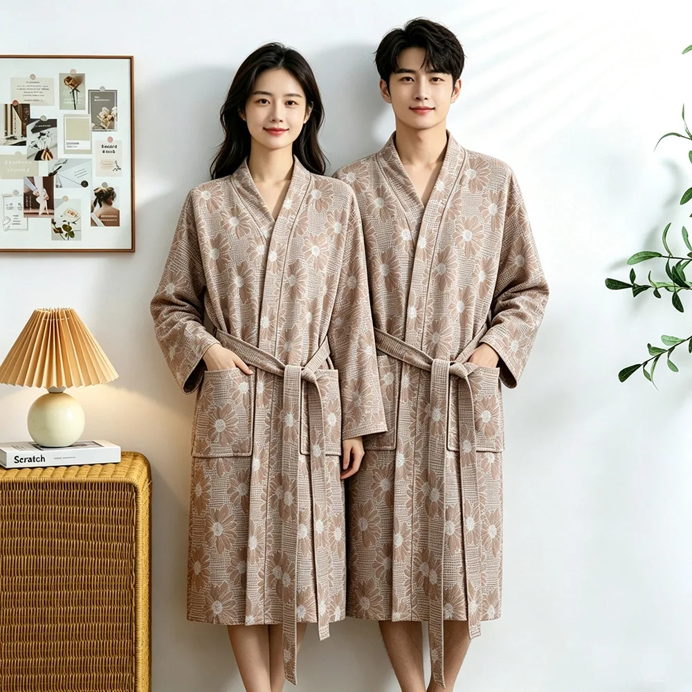 Cotton Bathrobe for Spring and Summer Fashionable Printed Long Sleeve Kimono Thin Home Wear Absorbent Quick Drying Sleeping Robe