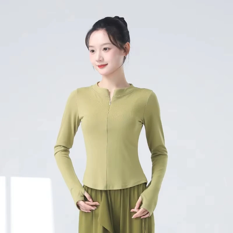 Modern Dance Top Women Long Sleeve Zipper Blouse Compitition Costume Slim Classical Dance Practice Clothes Fitness Gym Yoga Tops