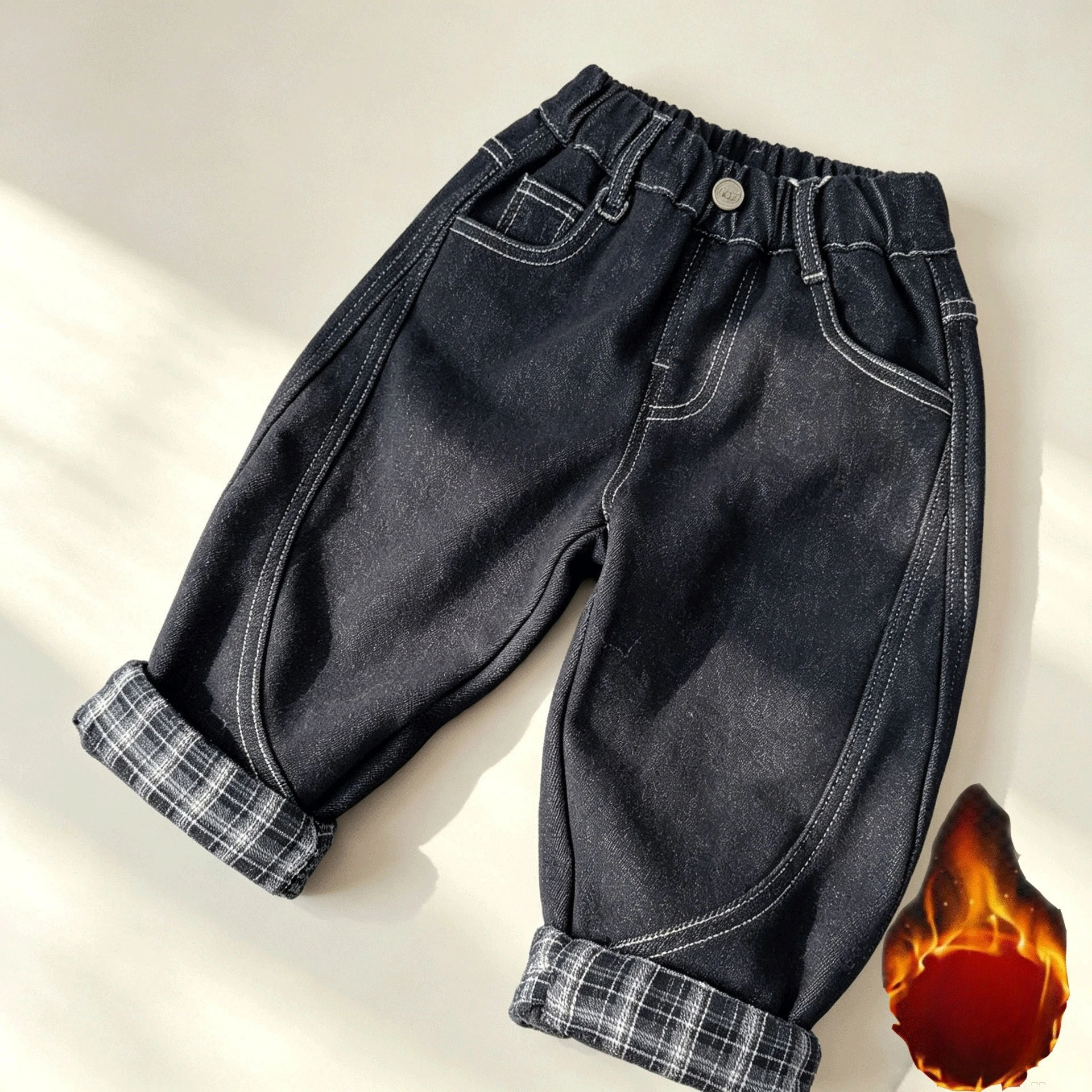 New Boys Girls Wear Thick Integrated Fleece Jeans Fall Winter Versatile Trendy Cool Handsome Straight Loose Casual Pants