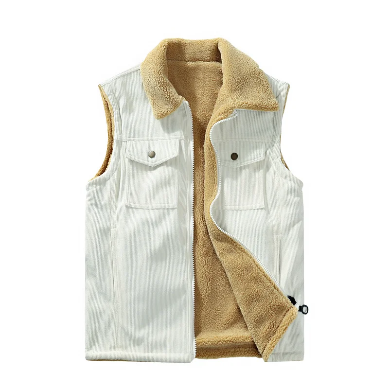 

Men Zipper Winter Thick Warm Corduroy Sleeveless Jacket New Lambswool Vests Warm Fleece Liner Stand-up Collar Men Retro Vest