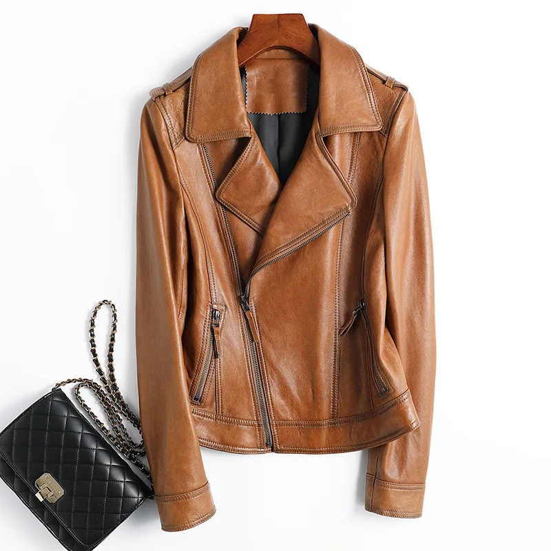 Sheepskin Genuine Leather Coat for Women  New Short Suit Lapel Motorcycle Leather Jacket Slim Fit Coat for Women