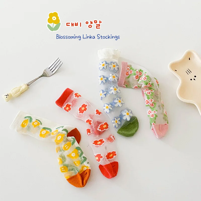 1-8 Year 4 Pairs 2022 summer color-blocking flower card crystal socks thin girls\' socks