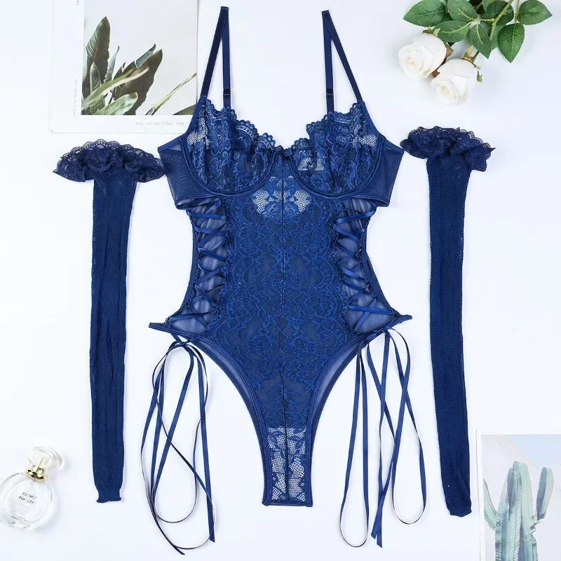 Toucheart Sexy Lingerie Sling Jumpsuit For Women Lace Up Hollow Out See-Through Lace Patchwork Underwear Fishnet Stockings Suit