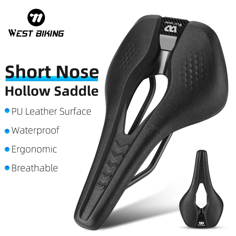 WEST BIKING Short Nose Bicycle Saddle Hollow Breathable Ergonomic Bike Cushion PU Waterproof MTB Road Bike Seat Bike Accessories