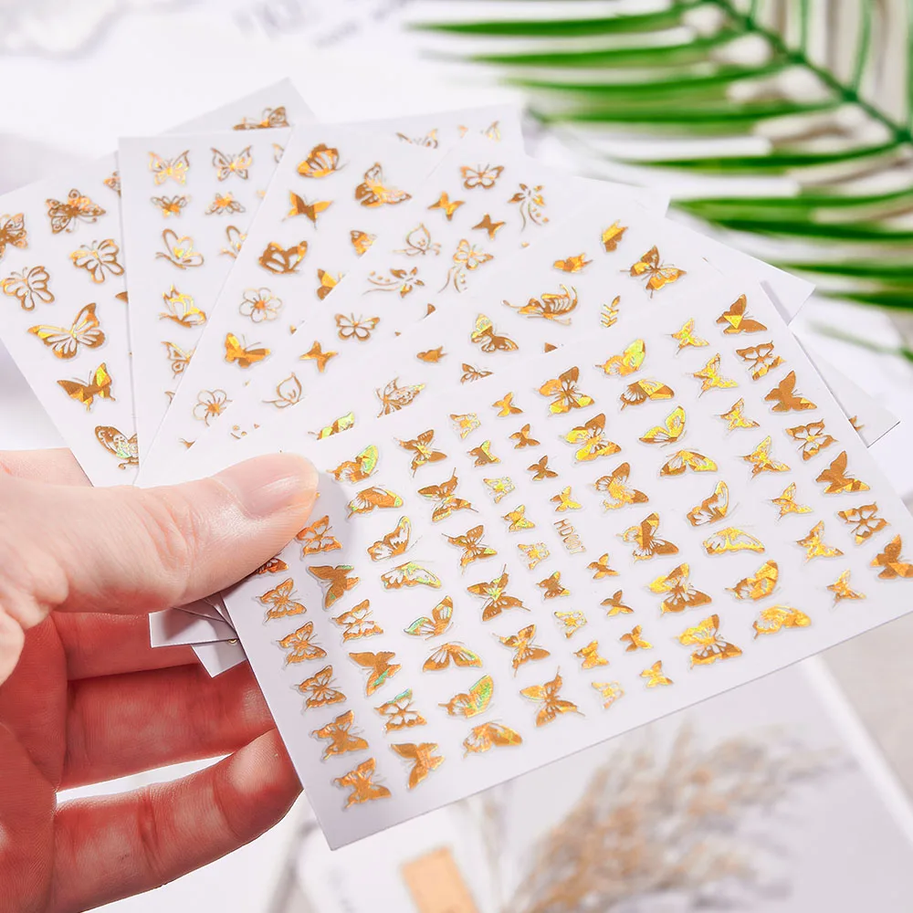 12 Stuks Laser Goud Holle Vlinder Stickers 3d Stereoscopische Vlinder Nagel Stickers Zelfklevend Schuifregelaar Accessoire Voor Diy Manicure