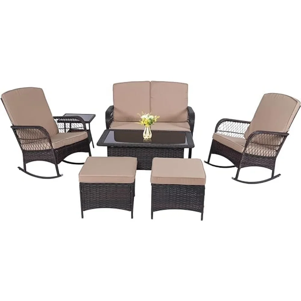 Outdoor Rattan Chair Set, 7PC Wicker Sofa Garden Conversation Bistro Set with Loveseat for Yard, Pool or Backyard