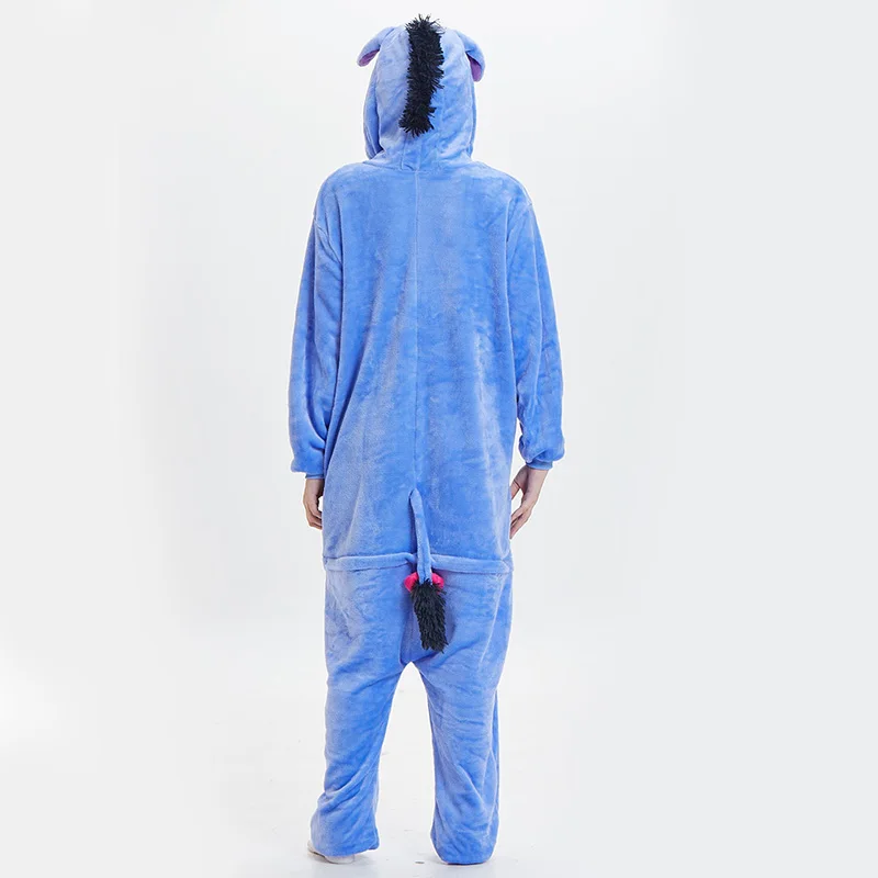 Niebieskie koszule nocne z osłem kombinezon z kapturem piżamy Kigurumi dla dorosłych home wear flanelowe Anime oversize Cosplay