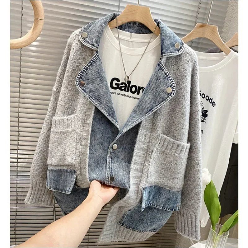 2024 New Autumn Winter Women Splicing Denim Jacket Women Long Sleeve Jean Jackets Female Loose Sweater Cardigan Jacket