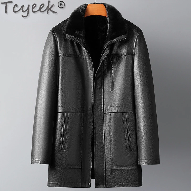 

Tcyeek Top Layer Cowhide Genuine Leather Jacket Men Mid-length Real Fur Jackets for Man Winter Thickened Mink Fur Liner Chaqueta