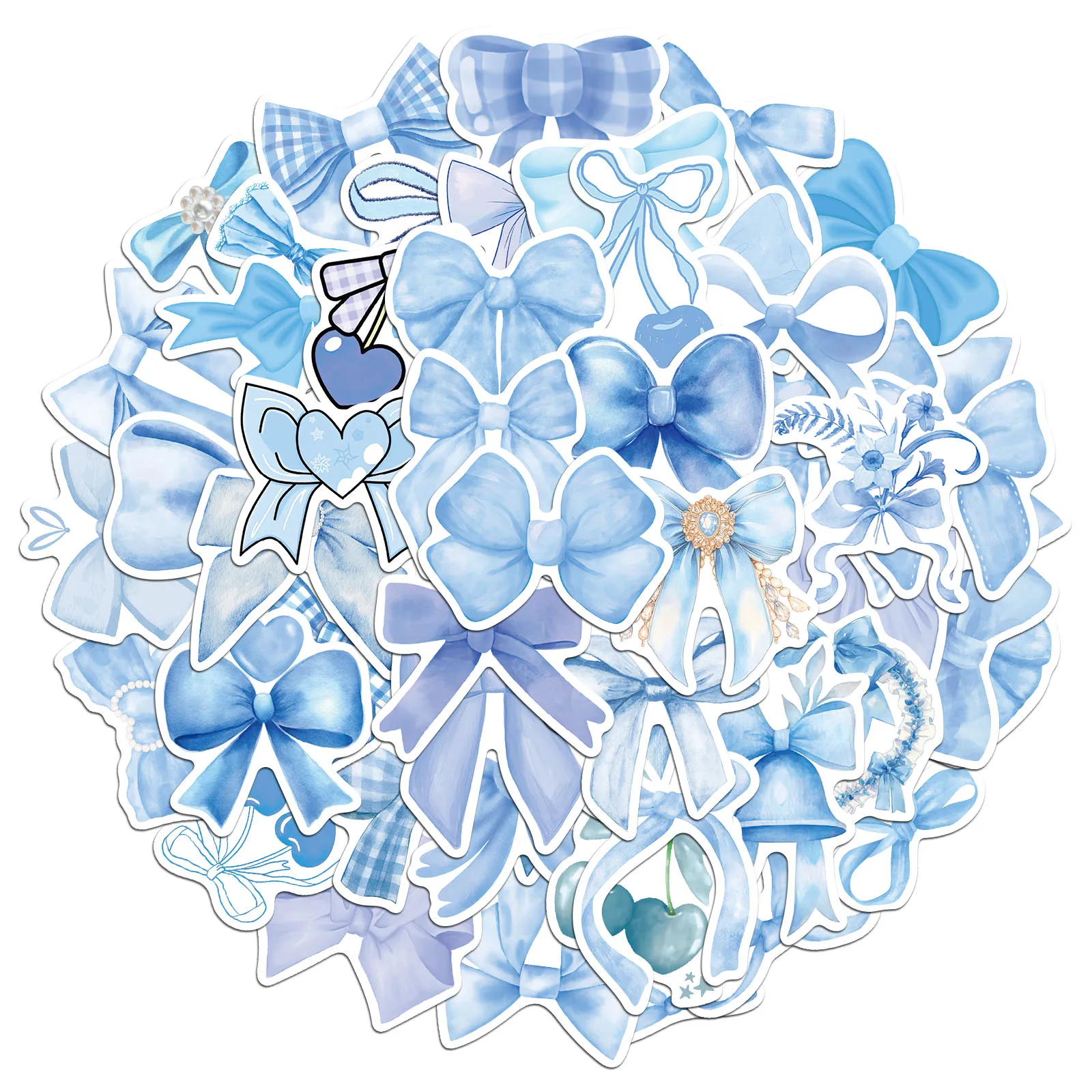 50PCS Blue Cartoon Bow Stickers Exquisite and Cute Handbooks Material Phone Cases Laptop Suitcases Water Cups Waterproof Sticker