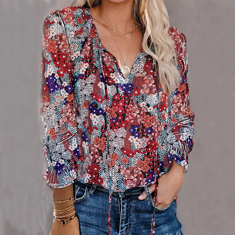 Fashion Flower Print V Neck Lace Up For Women Elegant Blouses Casual Streetwear Loose Shirts Long Sleeve Office Lady Tops Autumn