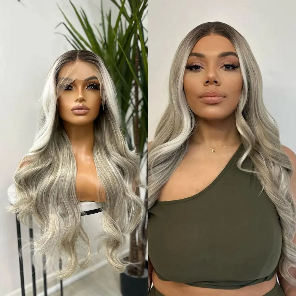 

Ombre White Blonde 13*4 Synthetic HD Lace Front Wig Body Wave Invisible Transparent Lace High Quality Wig Balayage Glueless Wig
