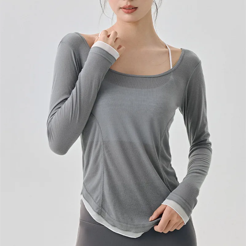 

Sexy Lightweight Slightly Transparent Yoga Tops Women Loose Fitness Gym Long Sleeve Sports Top Big U Neck Running Workout Tops