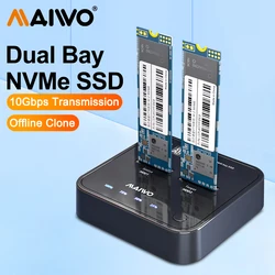 MAIWO 듀얼 베이 M.2 NVME SSD 인클로저 도킹 스테이션, 클론 USB3.1 C 타입 외장 하드 디스크 박스, Gen2X 10Gbps NVME 도킹 스테이션