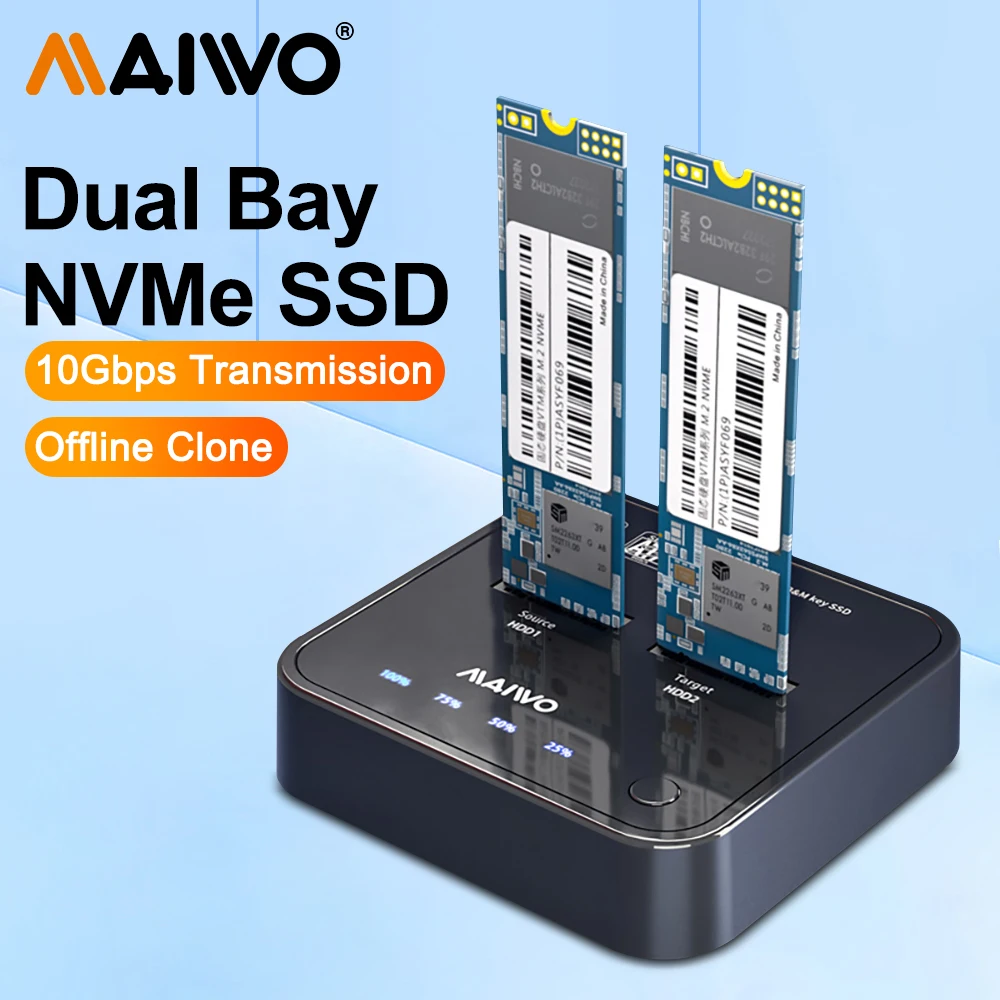 MAIWO Dual-Bay M.2 NVME SSD Enclosure Dock Station Clone USB3.1 Type C External Hard Disk Box Gen2X 10Gbps NVME Docking Station