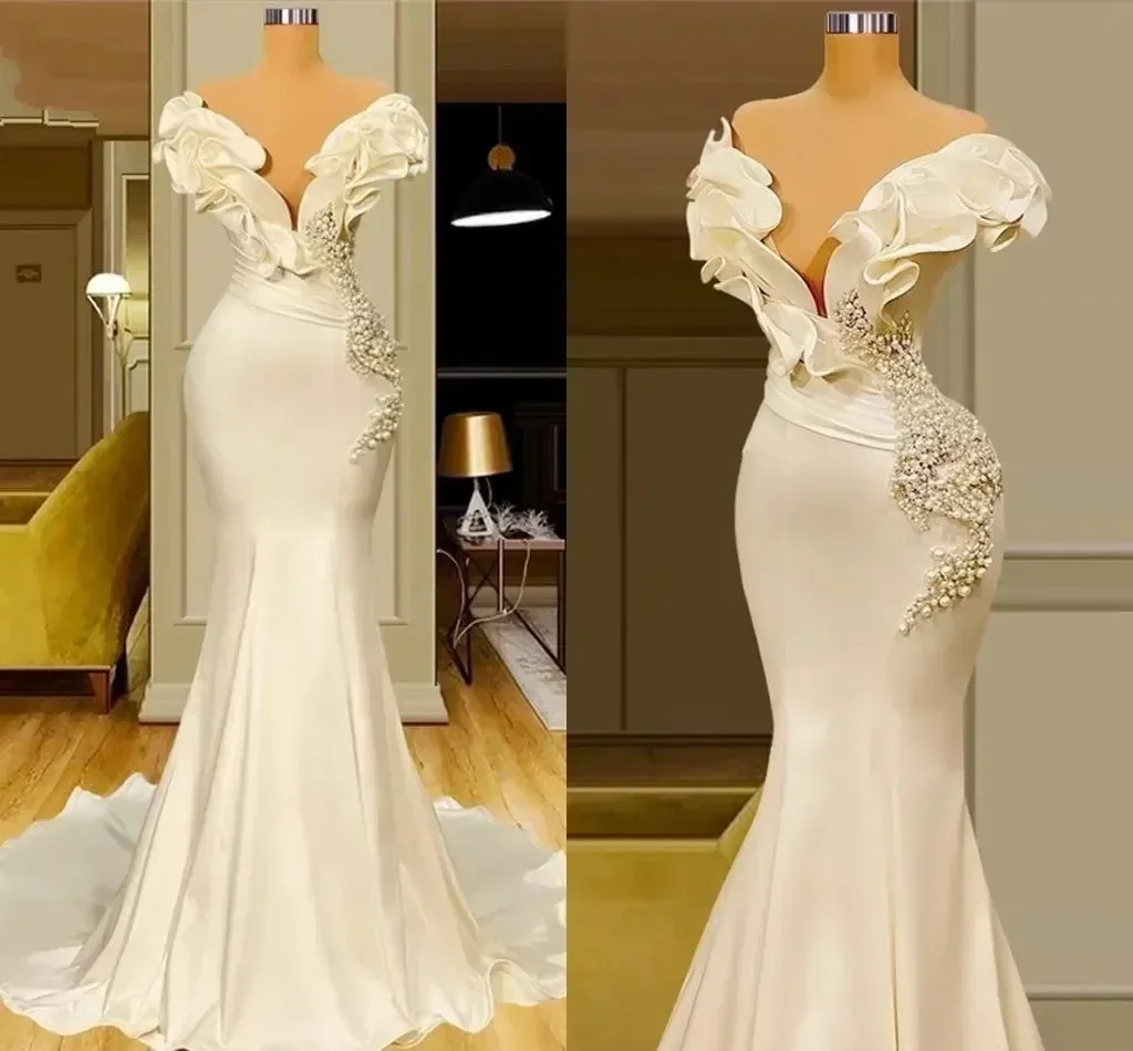 Personalizado dubai arábia pérolas sereia vestidos de casamento sexy fora do ombro cetim babados vestidos de noiva do vintage novia