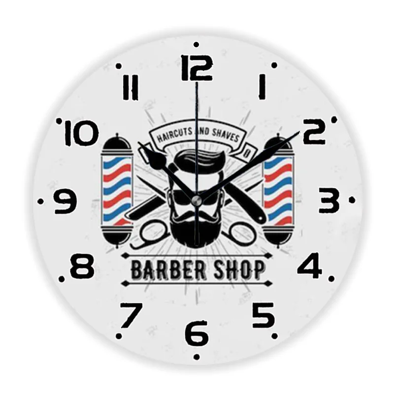 Hipster Barbershop Logo with Barber Pole Wall Clock for Barber Business Decor Hair Stylist Large Wall Watch Gentlemen Salon Gift